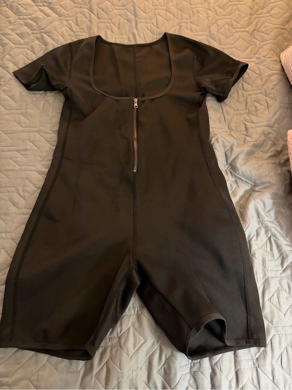 Women’s Black sauna short suit -short sleeve One-Piece with Front Zip